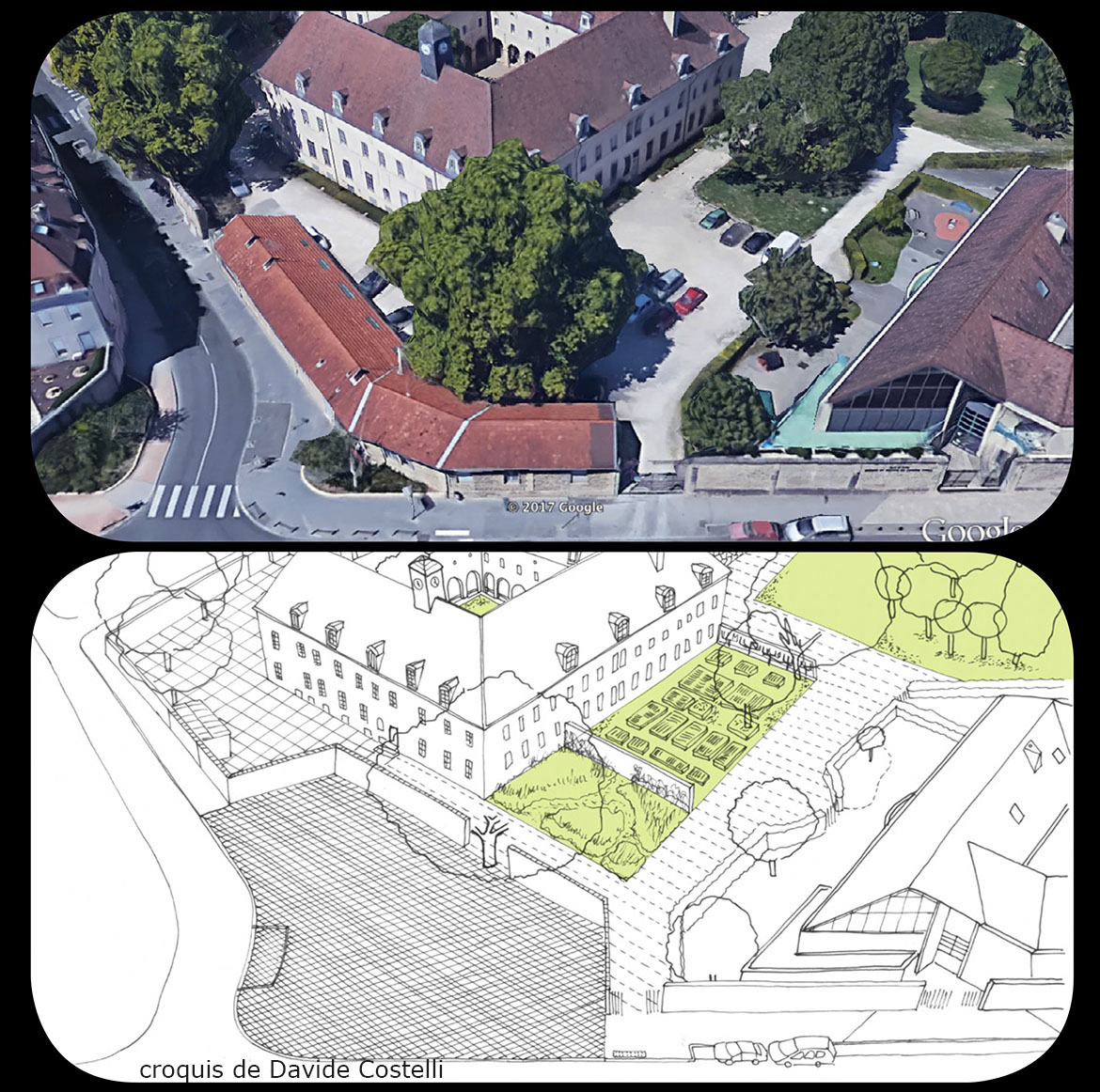 Croquis sur l'aménagement du parvis : le mur est démoli pour ouvrir sur la ville